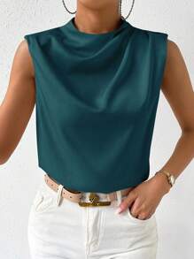 RosyDaze 休闲缎面不对称褶皱无袖衬衫，夏季 - 水鴨藍 - 查看 5