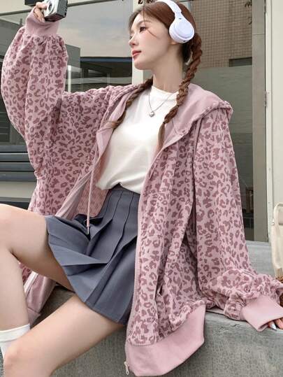 DAZY 女士前拉链长袖豹纹连帽休闲卫衣，长袖上衣，秋季女装外套连帽衫