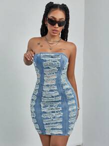 SHEIN ICON Váy ống denim xẻ tà gợi cảm ôm sát, chắp vá viền thô mùa hè cho nữ - Rửa trung bình - Xem 6