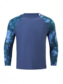 Manfinity Swimmode 3pcs Men Tie-Dye Printed Splice Long Sleeve Top, Shorts & Pants Swimwear Set