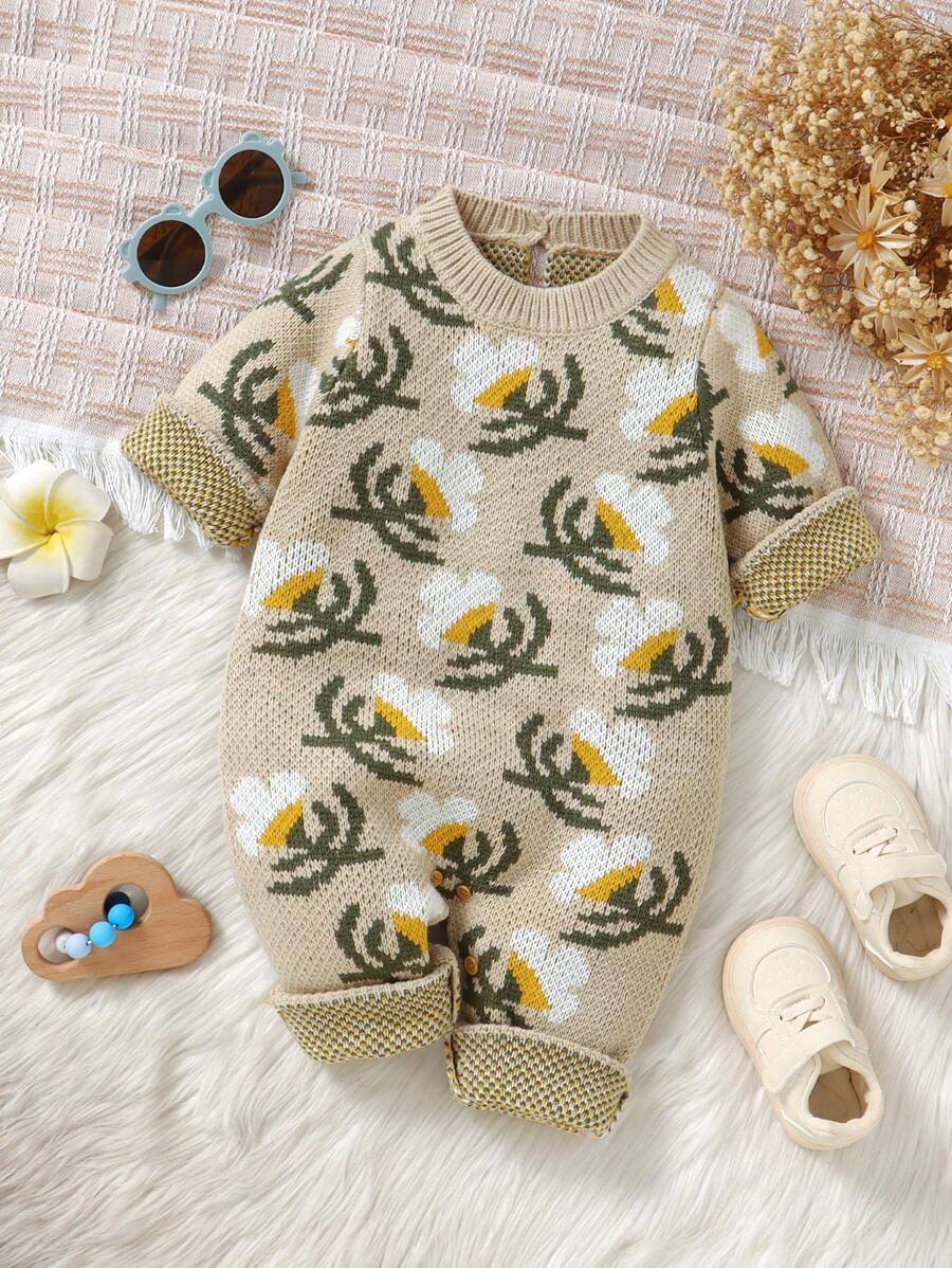 Bộ đồ liền thân đáng yêu cho bé gái, tay nghề thủ công Jacquard cổ điển thể hiện sự tinh tế, thiết kế cổ tròn thoải mái, tay dài giữ ấm và bảo vệ, lựa chọn trang phục thời trang và thiết thực cho trẻ sơ sinh sành điệu - Màu Khaki - Xem 1