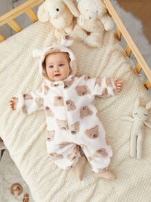 SHEIN Newborn Baby Boy Cute Cartoon Hooded Plush Jumpsuit Suitable For Autumn And Winter Home & Outdoor Wear