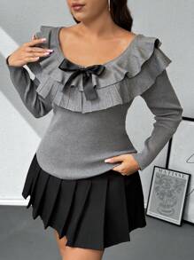 SHEIN Privé Áo len dệt kim cổ nhún bèo cỡ lớn cho nữ mùa thu/đông - Xám - Xem 3