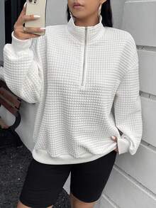 SHEIN Essnce Áo nỉ vải kẻ caro họa tiết kẻ caro cỡ lớn có khóa kéo nửa màu trắng cho nữ - trắng - Xem 4