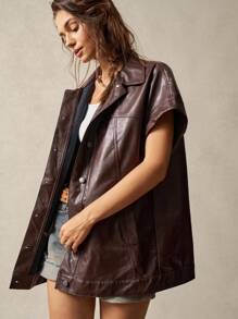 Bohemela Vestido de camisa de manga larga oversize de unicolor PU para mujer, Top de manga corta - Marrón - Ver 2