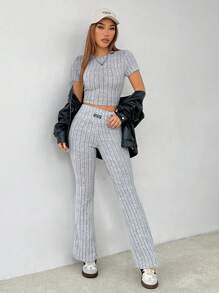 SHEIN PETITE 纯色针织拼布休闲两件套适合秋冬季 - 灰色 - 查看 1