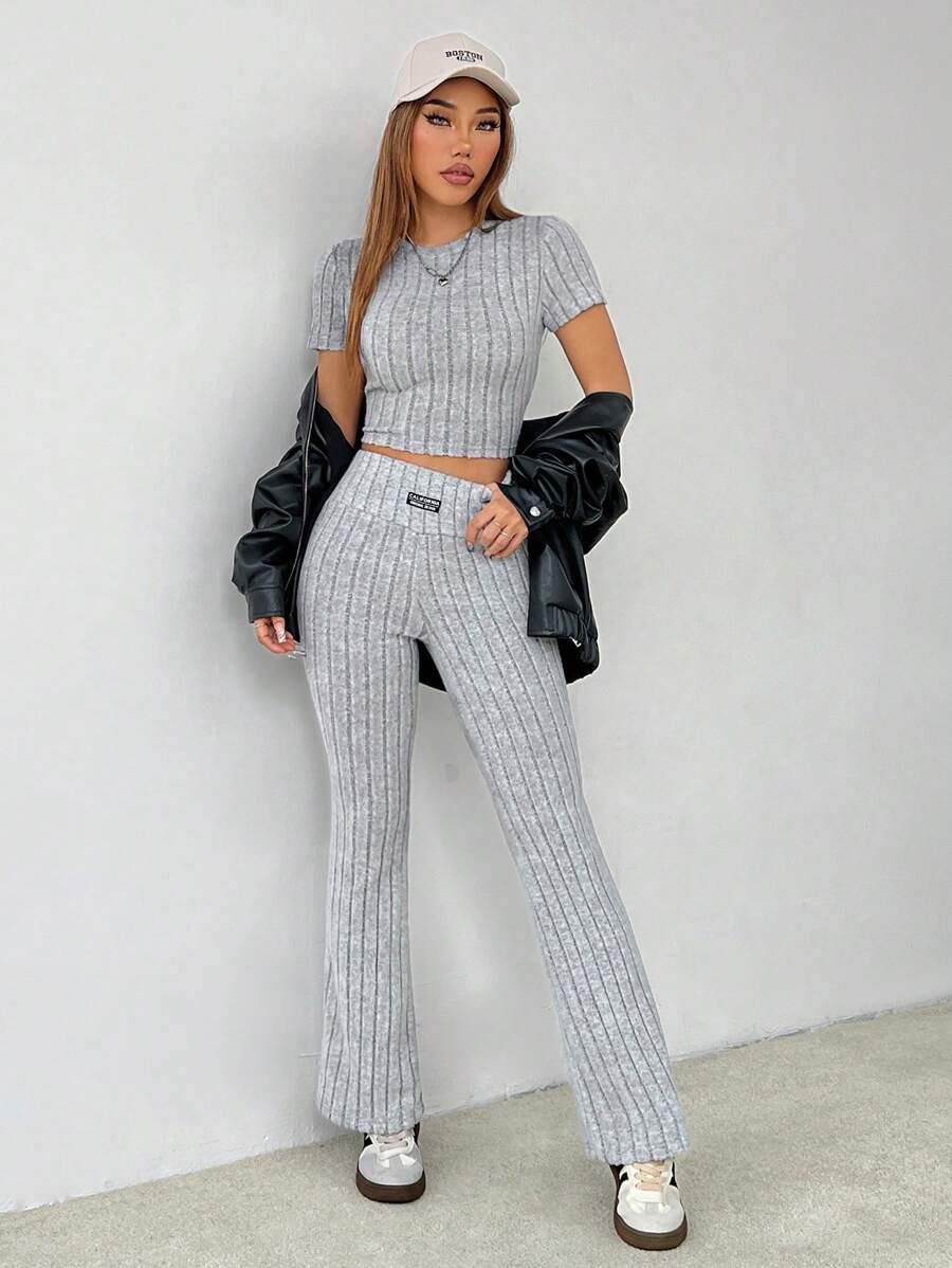 SHEIN PETITE 纯色针织拼布休闲两件套适合秋冬季 - 灰色 - 查看 1
