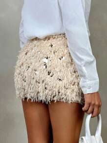 SHEIN BAE Women's Glitter Sparkly Fashionable Sequin Fluffy Mini Gold Skirt, Homecoming Skirt Short - Khaki - View 3
