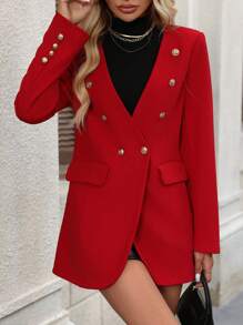 SHEIN Clasi Blazer rojo sin cuello de moda para mujer para otoño e invierno - Rojo - Ver 2