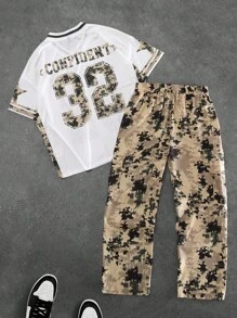 Manfinity EMRG Men's Camouflage & Letter Print V-Neck Short Sleeve Graphic Tee And All-Over Print Casual Pants Set - Multicolor - View 3