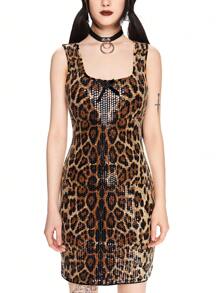 ROMWE Kawaii Vestido mini ajustado con cuello cuadrado, lentejuelas y estampado de leopardo para mujer, estilo Y2K - Marrón - Ver 2