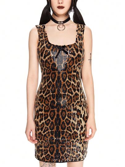 Kawaii Women's Y2K Square Neck Sequin Leopard Print Bodycon Mini Dress