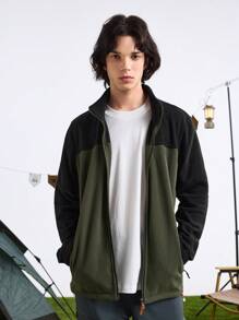 In My Nature Men's Solid Color Splice Front Zip Long Sleeve Simple Casual Outdoor Fleece Jacket