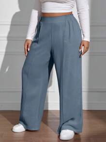 SHEIN EZwear 大码女式纯色松紧腰阔腿宽松休闲裤 - 淺藍色 - 查看 3