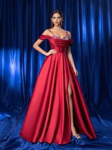 Kexmon Elegante Luxo Vermelho Cetim Brilhante Ombro Aberto Alta Fenda Vestido de Festa Formal, Vestido de Noite de Baile, Para Convidado de Casamento, Formatura, Jantar - Borgonha - Ver 4