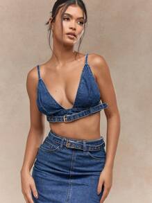 MISSGUIDED Denim Triangle Cami Bra Top And Front Slit Midi Skirt With Belt Co-Ord Set - Blue - View 3