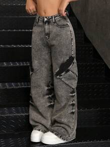 SHEIN Teen Girls Y2K Punk Fashion Stonewashed Flap Pocket Denim Wide Leg Cargo Jeans Pants, Girls Fall Clothes Back To School Streetwear Outfits