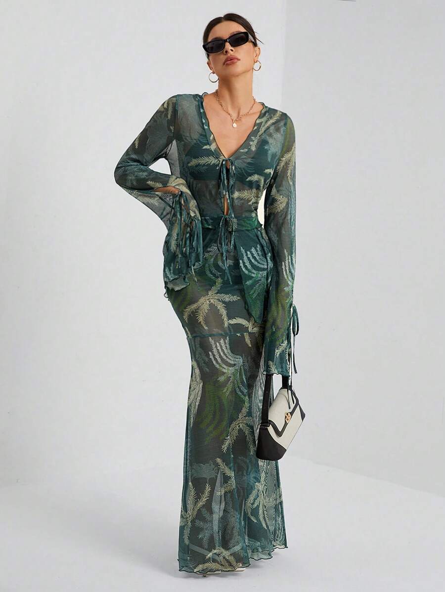 SHEIN Tall Bộ đồ hai mảnh thời trang lãng mạn cho kỳ nghỉ dành cho nữ gồm áo sơ mi buộc dây bèo nhún + váy - màu xanh lá - Xem 1