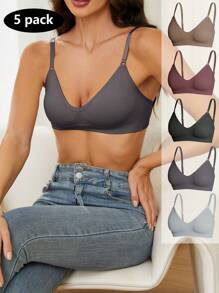 5 件/套女士纯色罗纹休闲无缝胸罩 - 彩色 - 查看 5