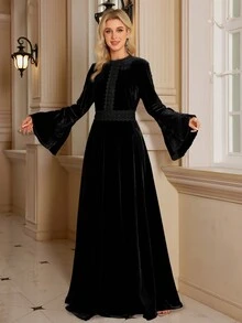 Women's Embroidered Lace Color Block Trumpet Sleeve Waist Tied Maxi Length Style Elegant Party Modest Long Sleeve Dress