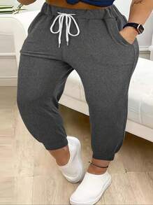 大码女式纯色抽绳腰哈伦裤，休闲春季款 - 深灰色 - 查看 5