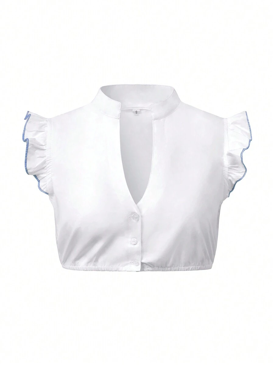Women's Traditional Bavarian Dirndl Dress Shirt, V-Neck Crop Top, For Oktoberfest & Halloween - Blue - View 1