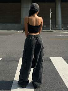 SHEIN EZwear Washed Black Denim Multi-Pocket Cargo Wide Leg Jeans