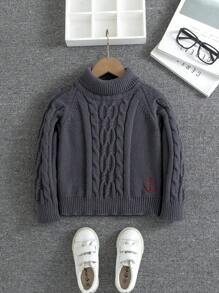 SHEIN 年轻男孩高领毛衣，时尚新设计，适合圣诞节、新年和其他节日，简约风格，适合秋季、冬季和春季 - 藏蓝色 - 查看 1
