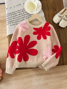 Girls Oversized Floral Pattern Sweater, 3D Flower Decor Knit Pullover - Apricot - View 1