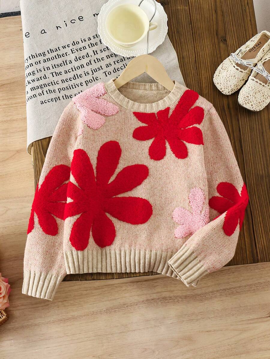 Girls Oversized Floral Pattern Sweater, 3D Flower Decor Knit Pullover - Apricot - View 1