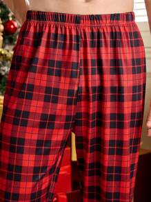 Men's Plaid Print Drawstring Waist Pajama Pants, Christmas, Winter - Red - View 4