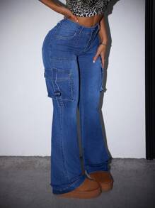 SHEIN ICON Jeans azules de pierna acampanada y elásticos para mujer - Azul lavado medio - Ver 6