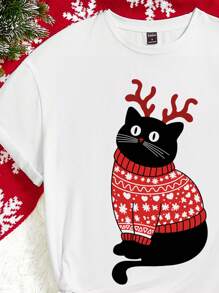 SHEIN LUNE Plus Size Women's Casual Christmas Cat Print Pullover T-Shirt, Summer - White - View 2
