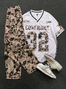 Manfinity EMRG Men's Camouflage & Letter Print V-Neck Short Sleeve Graphic Tee And All-Over Print Casual Pants Set - Multicolor - View 2