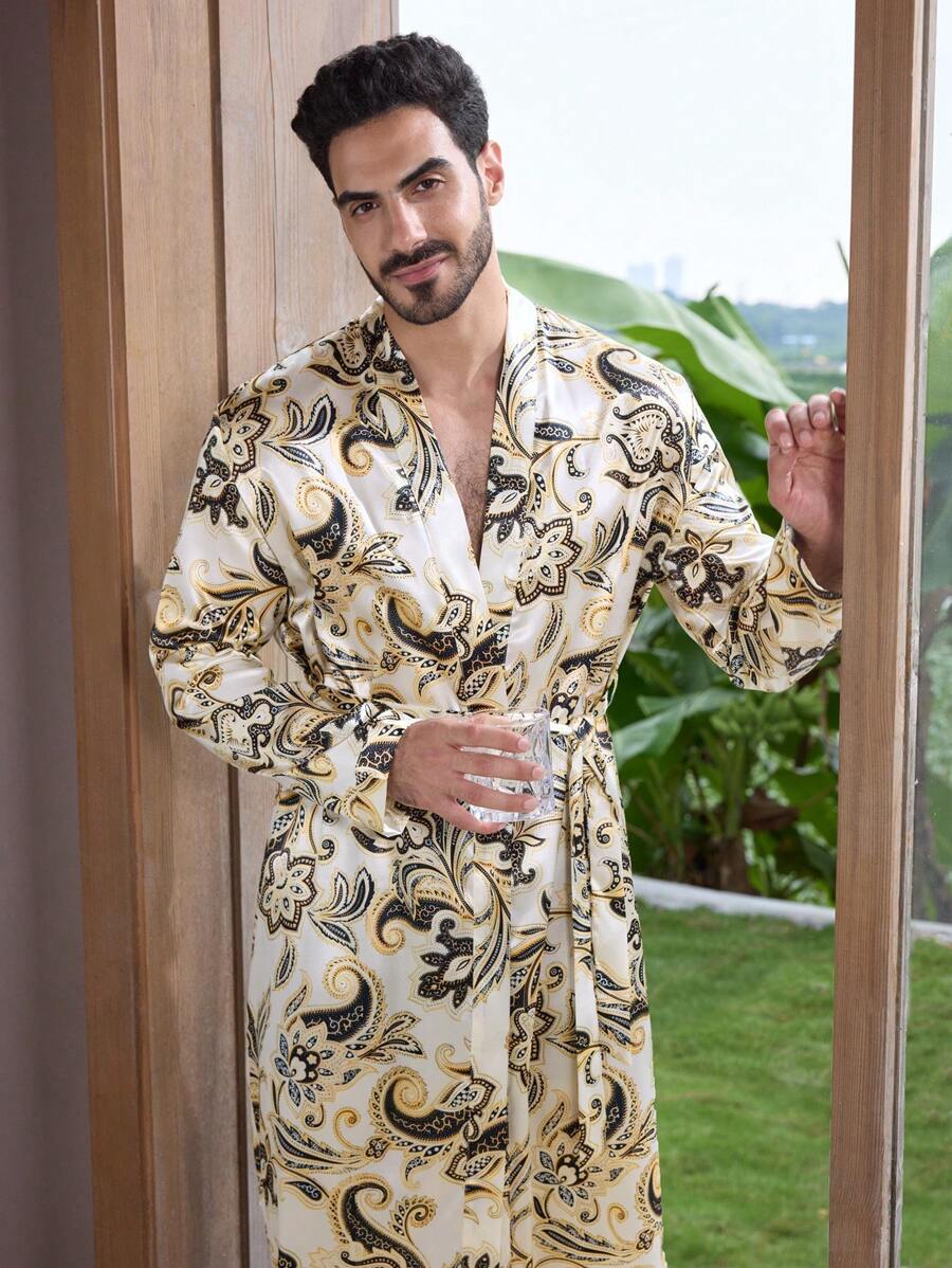 Manfinity ChillVibe Men's All-Over Print Tie Waist Long Sleeve Robe - Multicolor - View 1