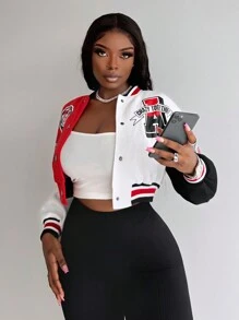 Slaydiva Kontrast-Farbiges grafisches Muster Baseball Jacke mit Reißverschluss - E für Herbst/Winter - Verschiedenfarbig - Übersicht 5