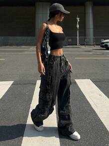 SHEIN EZwear Washed Black Denim Multi-Pocket Cargo Wide Leg Jeans