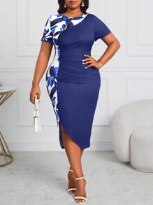 SHEIN Lady Plus Size  Printed Color Block Ruched Asymmetrical Hem Fitted Mini Dress - Blue - View 4