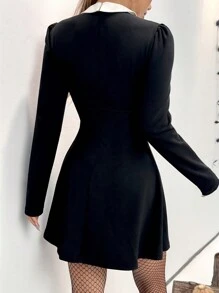 SHEIN EZwear 时尚拼色领迷你连衣裙，秋季 - 黑色 - 查看 2