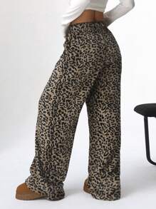 SHEIN EZwear 女士时尚抽绳直筒休闲街头豹纹裤 - 棕色 - 查看 2