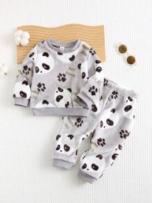Cozy Pixies 2pcs/Set Baby Boy Panda Graphic Crew Neck Fleece Top And Jogger Pants Winter Outfit Pajama Set