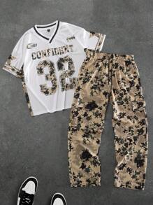 Manfinity EMRG Men's Camouflage & Letter Print V-Neck Short Sleeve Graphic Tee And All-Over Print Casual Pants Set - Multicolor - View 1