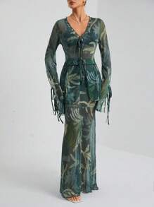 SHEIN Tall Bộ đồ hai mảnh thời trang lãng mạn cho kỳ nghỉ dành cho nữ gồm áo sơ mi buộc dây bèo nhún + váy - màu xanh lá - Xem 3