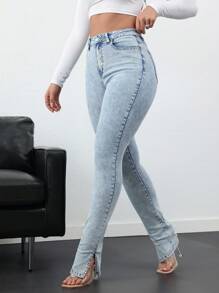 SHEIN Tall Jeans pitillo elásticos para mujer con abertura lateral, azul