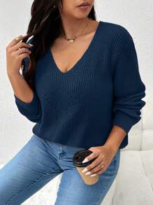 SHEIN Frenchy Plus Size Women's Bow Lace Splice V-Neck Pullover Sweater, For Winter - Navy Blue - View 5