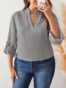 SHEIN LUNE 大码V领长袖纽扣装饰休闲衬衫女式上衣纽扣女式衬衫格子女式衬衫秋季商务休闲女式工作衬衫商务衬衫假日 - 黑與白 - 查看 5