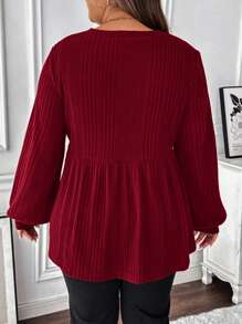 SHEIN LUNE Plus Size Women Solid Color Round Neck Lantern Sleeve Ruffles Hem Casual T-Shirt - Red - View 2