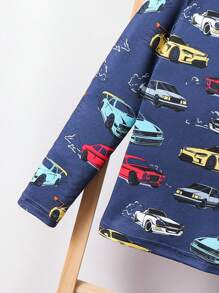 SHEIN 2pcs/Pajama Set Young Boy Casual Comfortable Cartoon Car Pattern Long Sleeve Jumpsuit Snug Fit Loungewear - Blue - View 3