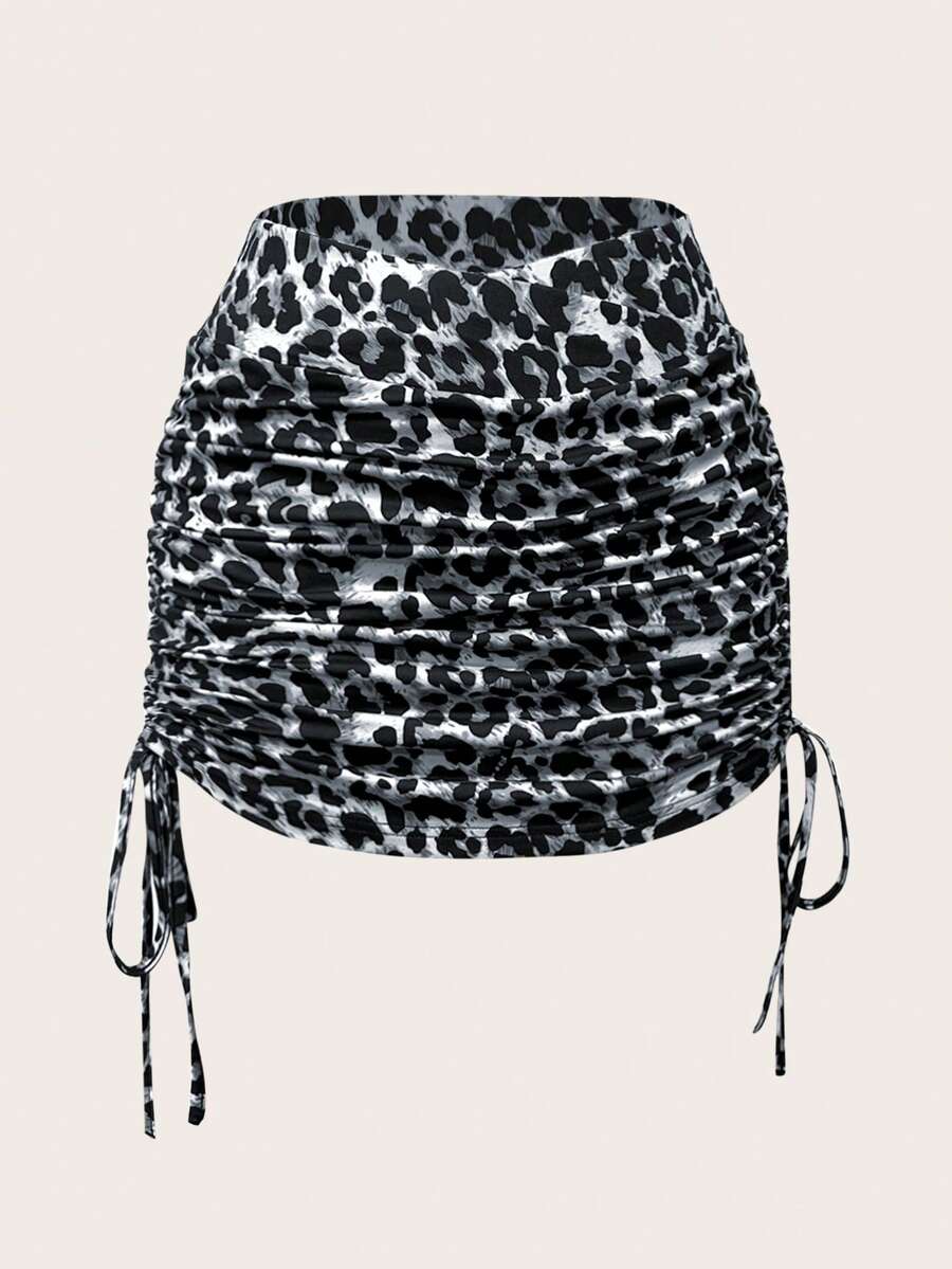 SHEIN EZwear Chân váy mini xếp ly họa tiết da báo cạp bất đối xứng - Xám - Xem 1