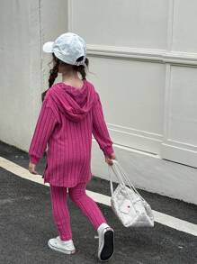 SHEIN Conjunto de 6 piezas para niña pequeña con vestido con capucha y leggings/pantalones, combinación de verde, rosa y morado, tela suave de felpa, ropa casual para uso diario y en casa para otoño/invierno - Morado - Ver 2